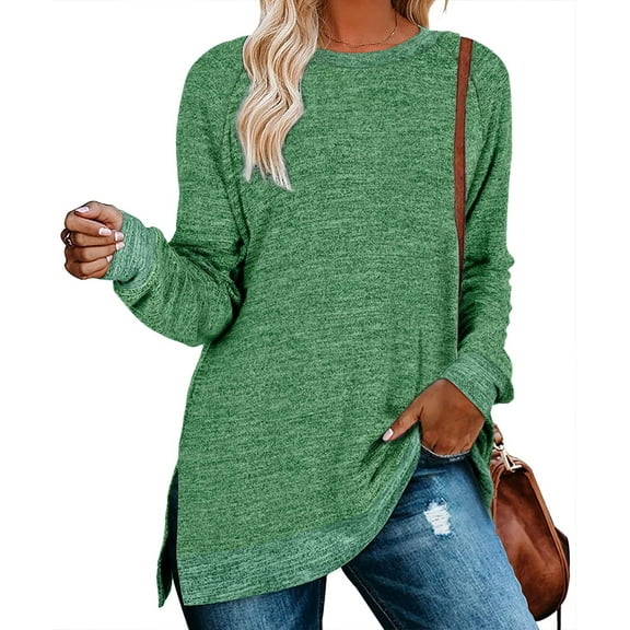 Womens Crewneck Pullovers Crewneck Long Sleeve Loose Fit Tops Color Block Ribbed Side Split Tunic Tops Casual Blouses Loose Fit Sweaters