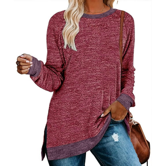 Womens Crewneck Pullovers Crewneck Long Sleeve Loose Fit Tops Color Block Ribbed Side Split Tunic Tops Casual Blouses Loose Fit Sweaters