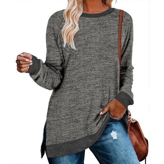 Womens Crewneck Pullovers Crewneck Long Sleeve Loose Fit Tops Color Block Ribbed Side Split Tunic Tops Casual Blouses Loose Fit Sweaters