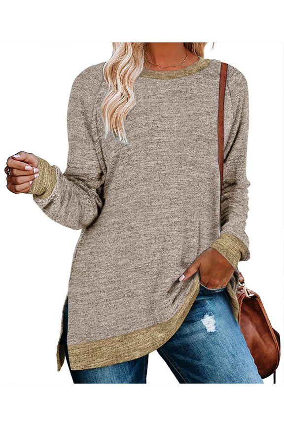 Womens Crewneck Pullovers Crewneck Long Sleeve Loose Fit Tops Color Block Ribbed Side Split Tunic Tops Casual Blouses Loose Fit Sweaters