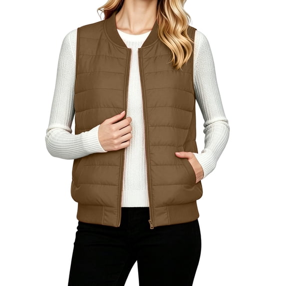 Womens Crewneck Quilted Vest Zip Up Padded Sleeveless Quilted Coat Outerwear with Pockets for Fall Winter Outdoor Casual Daily Wear
