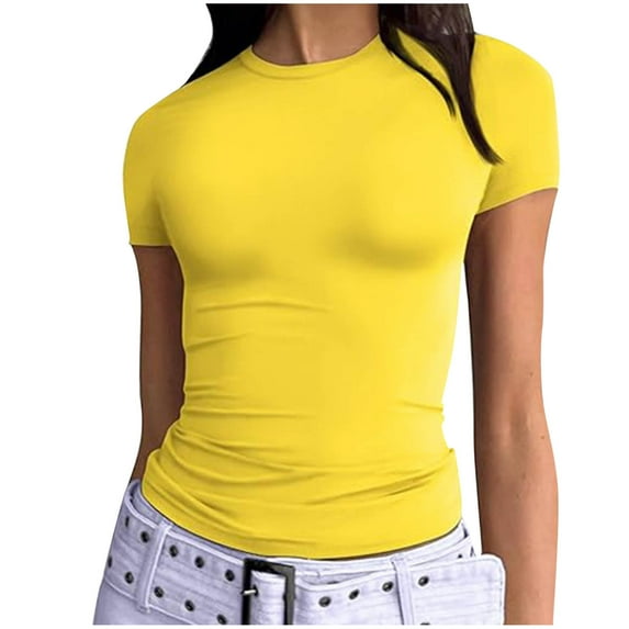 Womens Crewneck Short Sleeve Ribbed T-Shirt Slim Fit Tops Solid Basic Tee 2025 Summer Going Out Clothes