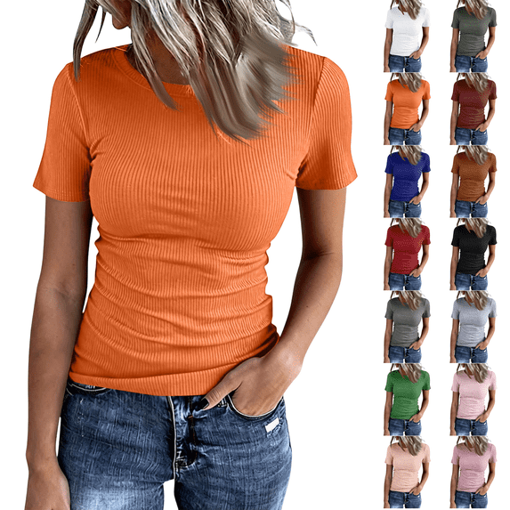 Womens Crewneck Short Sleeve Ribbed T-Shirt Slim Fit Tops Solid Basic Tee Saffron M