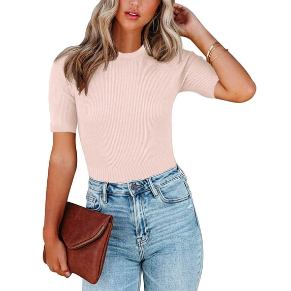 Womens Crewneck Short Sleeve Sweaters Tops Ribbed Pullover Sweater Blouse Soft Slim Fit Knit Sweater
