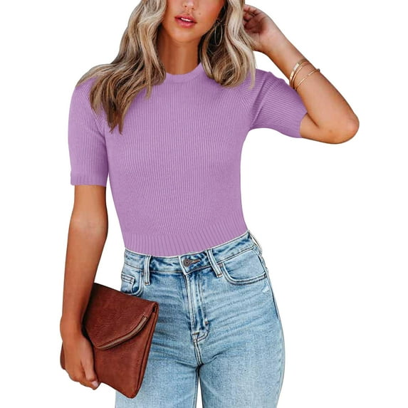 Womens Crewneck Short Sleeve Sweaters Tops Ribbed Pullover Sweater Blouse Soft Slim Fit Knit Sweater