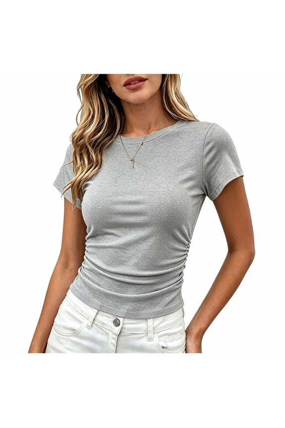 Womens Crewneck Slim Fitted Short Sleeve T Shirts Stretchy Basic Tee Tight Summer Going Out Workout Gym Tops
