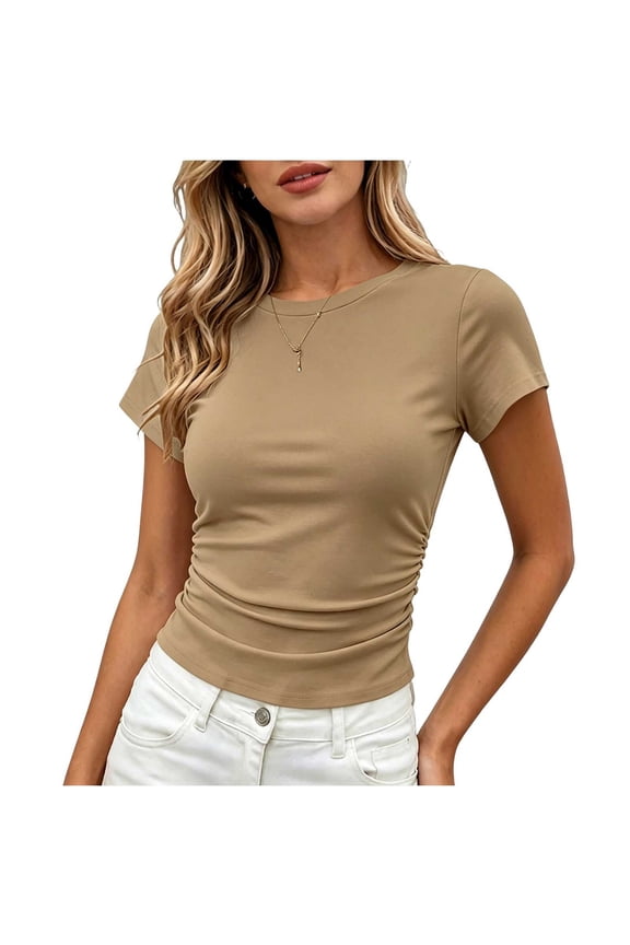 Womens Crewneck Slim Fitted Short Sleeve T Shirts Stretchy Basic Tee Tight Summer Going Out Workout Gym Tops