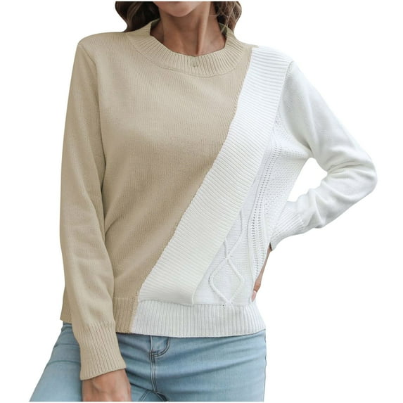 Womens Crewneck Sweater Tops Color Block Patchwork Long Sleeve Knitted Sweater Casual Comfy Shirts Pullover Tops