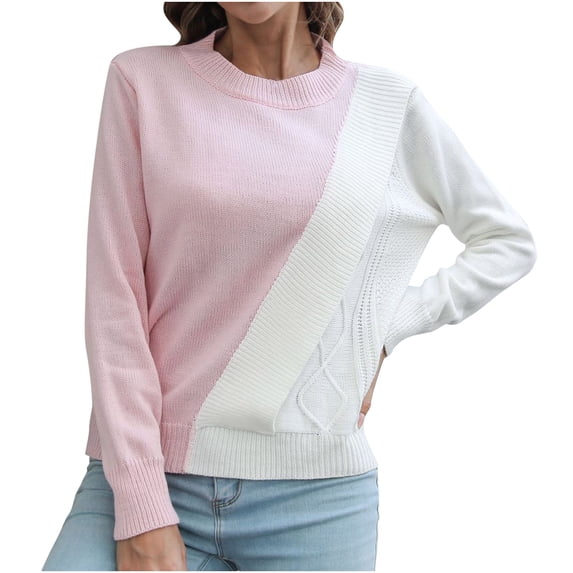 Womens Crewneck Sweater Tops Color Block Patchwork Long Sleeve Knitted Sweater Casual Comfy Shirts Pullover Tops