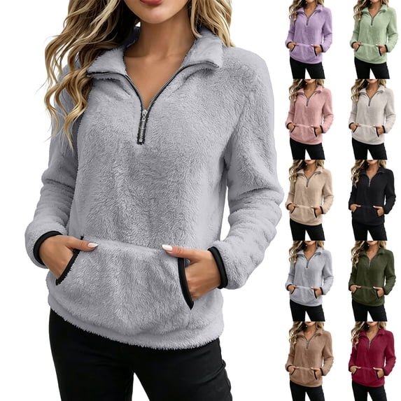 Womens Crewneck Sweatshirt Dqueduo Women's Double-Sided Fleece Zip Front-Pleated Pullover – Stand Collar Hoodie with Pockets Gray M
