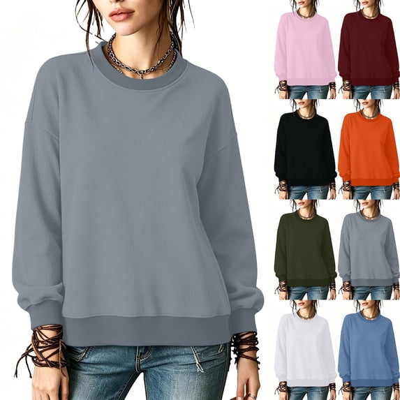 Womens Crewneck Sweatshirt Dqueduo Women's Solid Color Knit Long Sleeve Round Neck Top – Casual Basic Tee Gray L