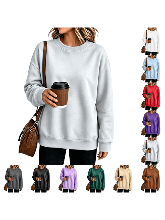 Womens Crewneck Sweatshirt Fleece Classic Fit Oversized Pullover Scoop Neck Fall Sweatshirts Cuff Ribbed Knit Over Sized Loose Fitted Comfy Light Cozy Soft