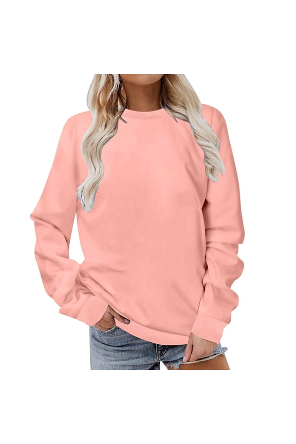 Women's Sweatshirts Fall Winter Casual Solid Color Long Sleeves Round Neck Pullover Loose Sweatshirt Tops Pink XXL