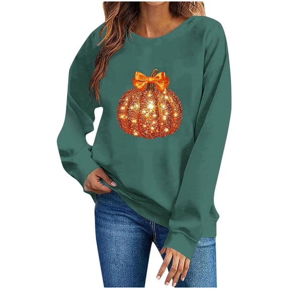 Womens Crewneck Sweatshirt Halloween Printed Long Sleeved Round Neck Pullover Fashionable Casual Hoodless Sweatshirt Top