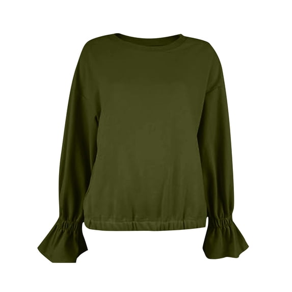 Womens Crewneck Sweatshirt Long Sleeve Ruched Ruffle Cuff Cropped Pullover Loose Fit Casual Fashion Sweatshirt