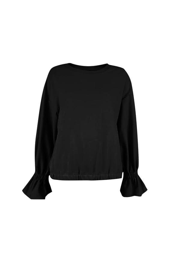 Womens Crewneck Sweatshirt Long Sleeve Ruched Ruffle Cuff Cropped Pullover Loose Fit Casual Fashion Sweatshirt