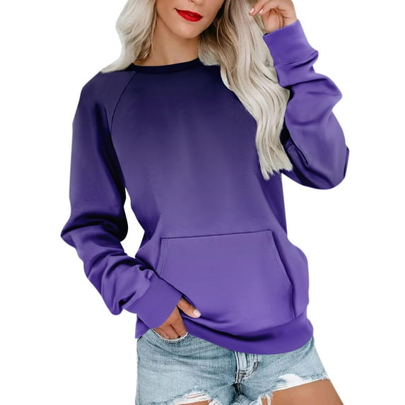 Womens Crewneck Sweatshirt Long Sleeve Solid/Color Block Sweatshirt Loose Fit Lightweight Pullover Tops with Pockets