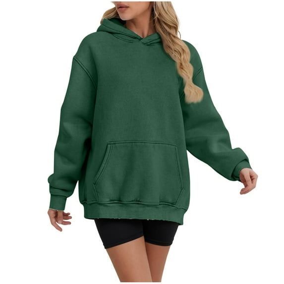 Womens Crewneck Sweatshirt MIUOWANP Women's Fashion Loose Long Sleeve Pullover Hooded Sweatshirt Fleece Warm Pocket Tops M Green
