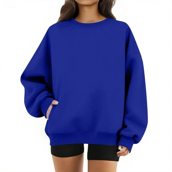 Womens Crewneck Sweatshirt Oversized Cute Fleece Soft Plain Lightweight Pullover Trendy Comfy Tops with Pockets Blue M