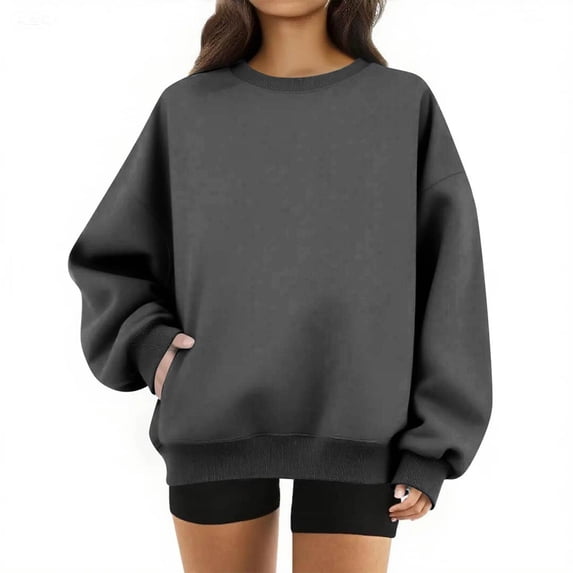Womens Crewneck Sweatshirt Oversized Cute Fleece Soft Plain Lightweight Pullover Trendy Comfy Tops with Pockets Dark Gray 3XL