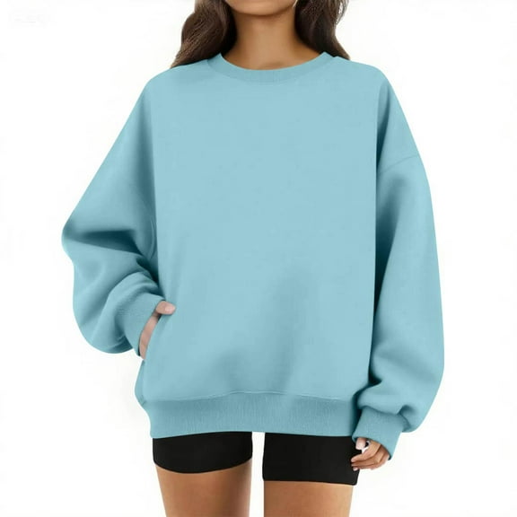 Womens Crewneck Sweatshirt Oversized Cute Fleece Soft Plain Lightweight Pullover Trendy Comfy Tops with Pockets Light Blue 3XL