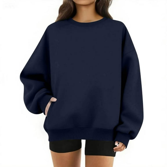 Womens Crewneck Sweatshirt Oversized Cute Fleece Soft Plain Lightweight Pullover Trendy Comfy Tops with Pockets Navy L