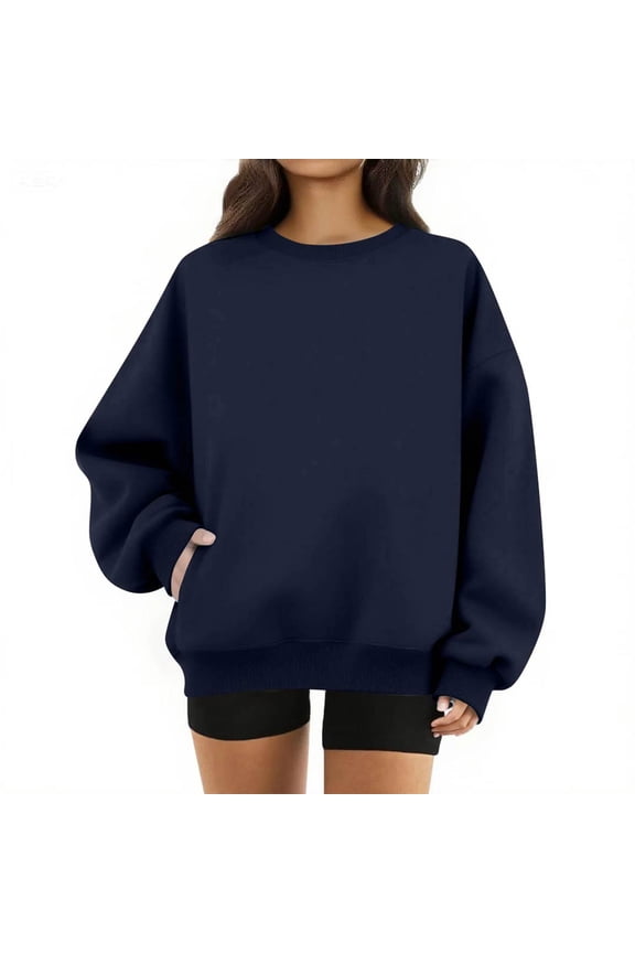 Womens Crewneck Sweatshirt Oversized Cute Fleece Soft Plain Lightweight Pullover Trendy Comfy Tops with Pockets Navy S