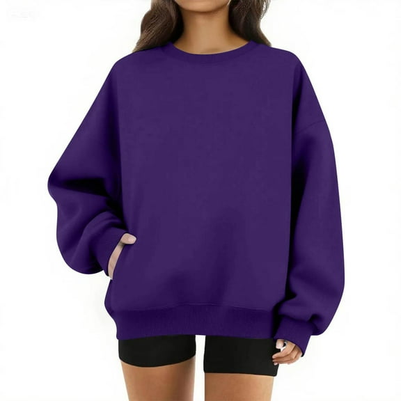 Womens Crewneck Sweatshirt Oversized Cute Fleece Soft Plain Lightweight Pullover Trendy Comfy Tops with Pockets Purple 3XL