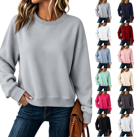 Womens Crewneck Sweatshirt Oversized Fleece Soft Plain Shirts Lightweight Pullover Trendy Comfy Crop Tops