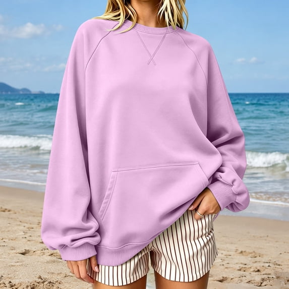 Womens Crewneck Sweatshirt Oversized Long Sleeve Casual Fall Outfits Long Sleeve Trendy Pullover Tops with Pockets (Purple M)