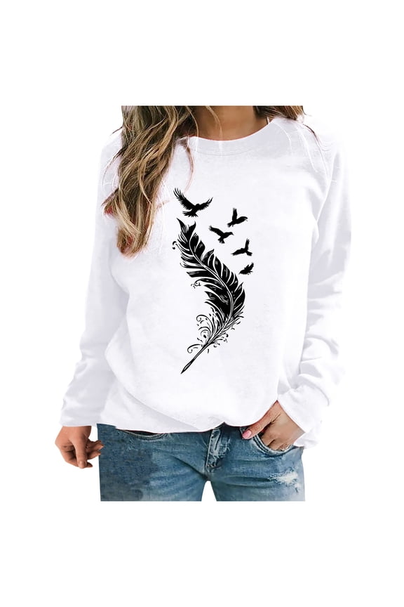 Womens Crewneck Sweatshirt with Feather Design Long Sleeve Casual Tops Graphic Pullover Sweater Goblincore Witch Shirt