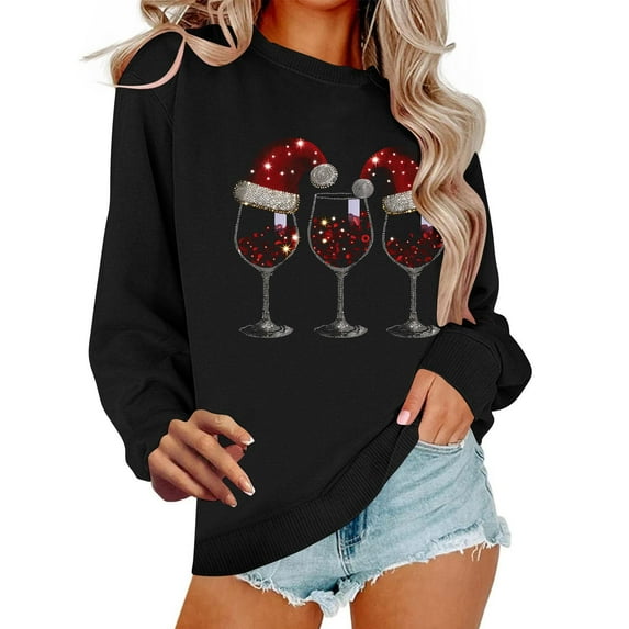 Womens Crewneck Sweatshirts - Christmas Tree Printed Graphic Loose Pullover Holiday Tops for Women Casual Festive (L, Black 02)