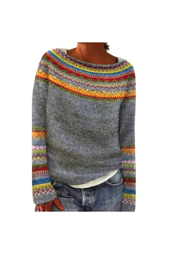 Womens Crewneck Sweatshirts Fall Fashion Outfits Basic Fair Isle Sweater Nordic Sweaters Icelandic Sweater Soft Classic Fair Isle Knit Pattern Pullover Loose Fit Long Sleeve Tops