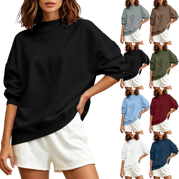 Womens Crewneck Sweatshirts - Loose Long Sleeve Tops Fall Casual Solid Color Pullover Black L