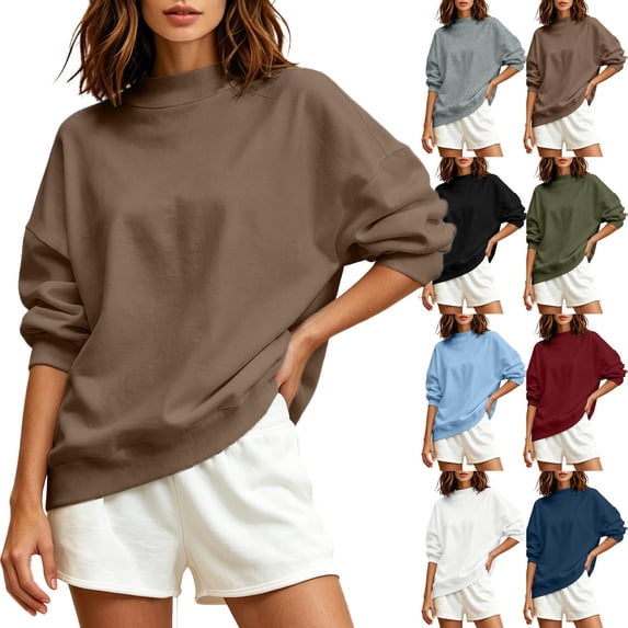 Womens Crewneck Sweatshirts - Loose Long Sleeve Tops Fall Casual Solid Color Pullover Coffee L