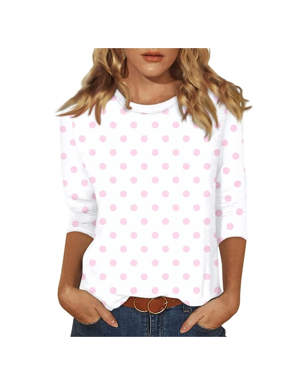 Womens Crewneck Three Quarter Sleeve Polka Dot Printed Top Casual Pullover T Shirt Regular Fit Everyday Knit Blouse