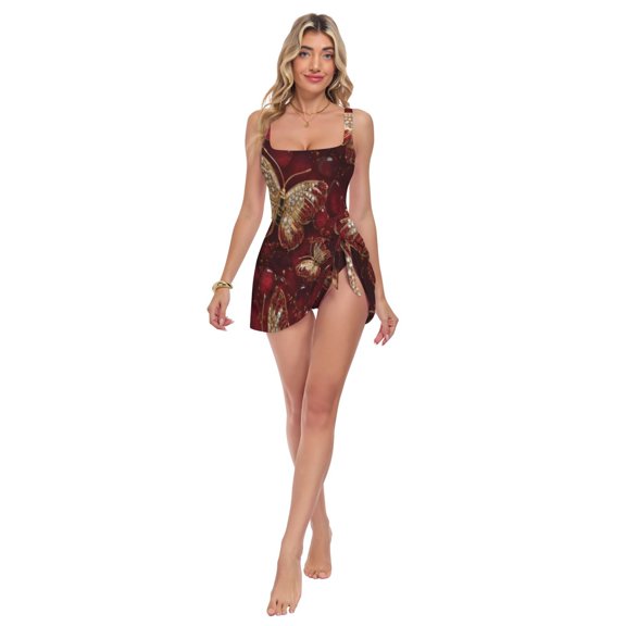 Womens Crimson Butterfly Tapestry Print 2-in-1 Swim Dress Detachable Skirt One-Piece Swimsuit Square Neck S-XXL