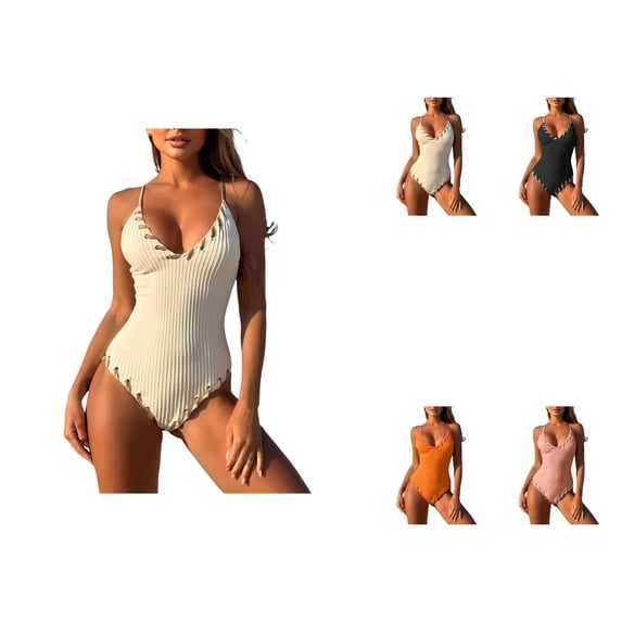 Womens Criss Cross One Piece Swimsuit with V-Neck, Contrast Binding, Ribbed Fabric, High Cut Leg