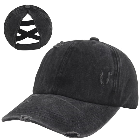 Womens Criss Cross Ponytail Baseball Cap Adjustable High Messy Bun Ponycap Quick Drying Hat, Black, One Size