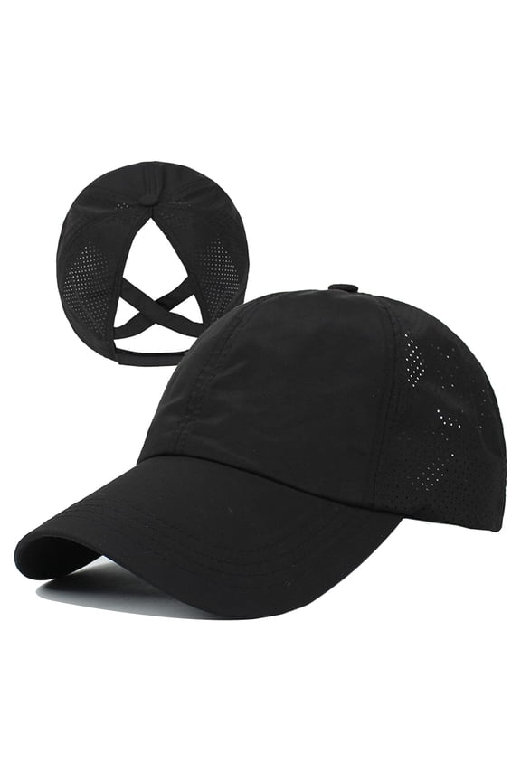 Womens Criss Cross Ponytail Baseball Cap Adjustable High Messy Bun Ponycap Quick Drying Hat, Black, One Size