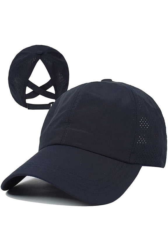 Womens Criss Cross Ponytail Baseball Cap Adjustable High Messy Bun Ponycap Quick Drying Hat-Navy Blue