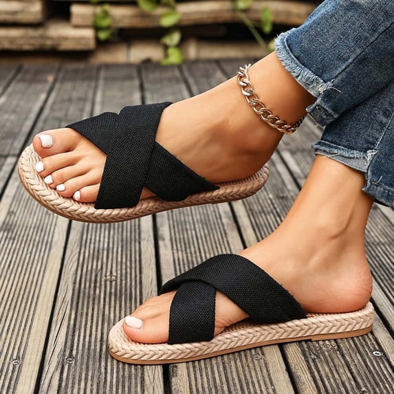 Womens Crisscross Slide Sandals Breathable Lightweight Cloth Fabric Open Toe Flat Comfortable Summer Beach Shoes Black,Size 38