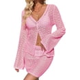 thumbnail image 1 of Womens Crochet 2 Piece Cover Up V Neck Bell Sleeve Button Cardigan Sheer Mesh Beach Mini Skirt Coverup Set, 1 of 5