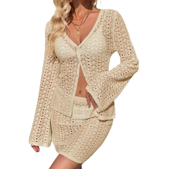 Womens Crochet 2 Piece Cover Up V Neck Bell Sleeve Button Cardigan Sheer Mesh Beach Mini Skirt Coverup Set