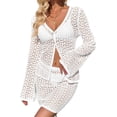 thumbnail image 1 of Womens Crochet 2 Piece Cover Up V Neck Bell Sleeve Button Cardigan Sheer Mesh Beach Mini Skirt Coverup Set, 1 of 5