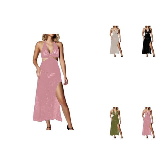 Womens Crochet Beach Cover Up Dress V-Neck Sleeveless Long Knit Halter Backless Bikini Wrap with Cut-Out, Summer Swimwear Cover Ups