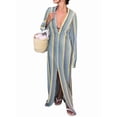thumbnail image 1 of Womens Crochet Bell Long Sleeve V Neck Loose Maxi Dress Boho Eyelet Long Sundresses with Slit Blue & Yellow. S, 1 of 10