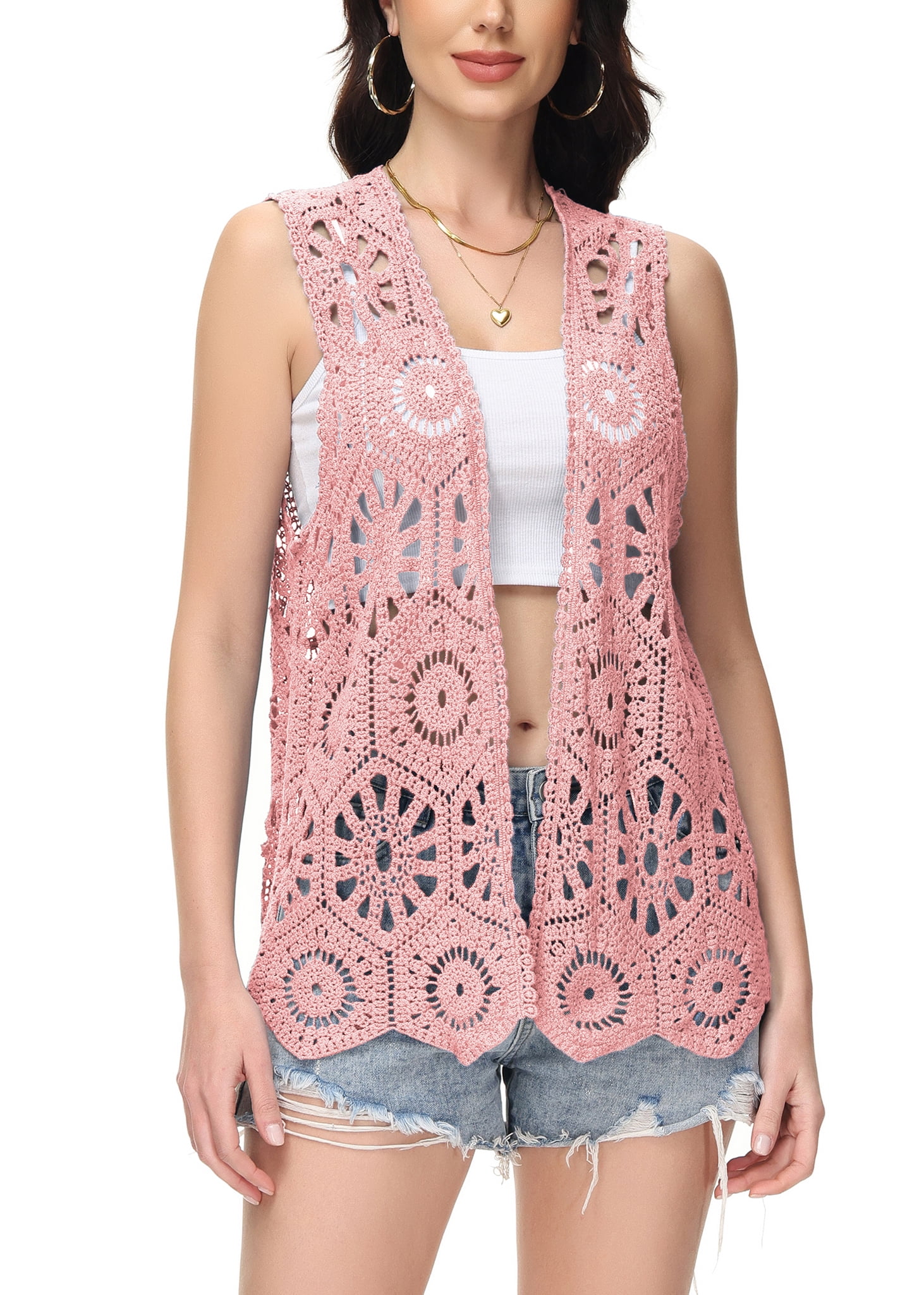 Womens Crochet Cardigan Sleeveless Floral Lace Boho Trim Open