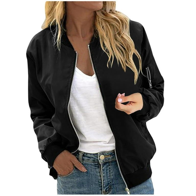 Womens Crochet Cardigan Womens Stand Collar Jackets Lightweight Zip Up Casual Bomber Jacket Trendy Solid Color Short Outwear Tops for Fall Winter Black Trench Coat Walmart