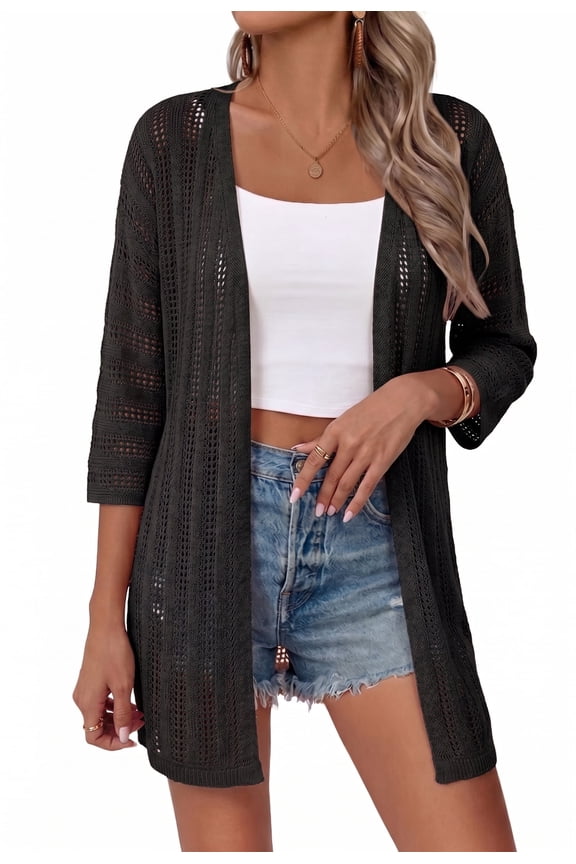 Womens Crochet Cardigan Sweaters for Summer Spring Fall, Lightweight Short Sleeve Oversized Open Front Kimono Boho Knit Beach Cover Up with Swimsuit, Bikini, Bathing suit